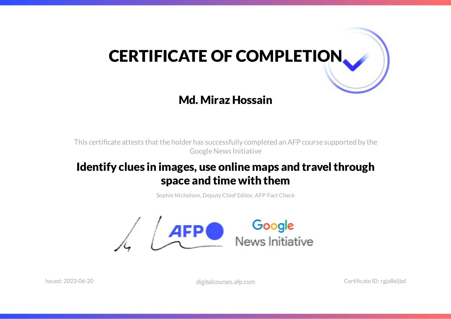 Certificate: Image and source verification — AFP / Google News Initiative