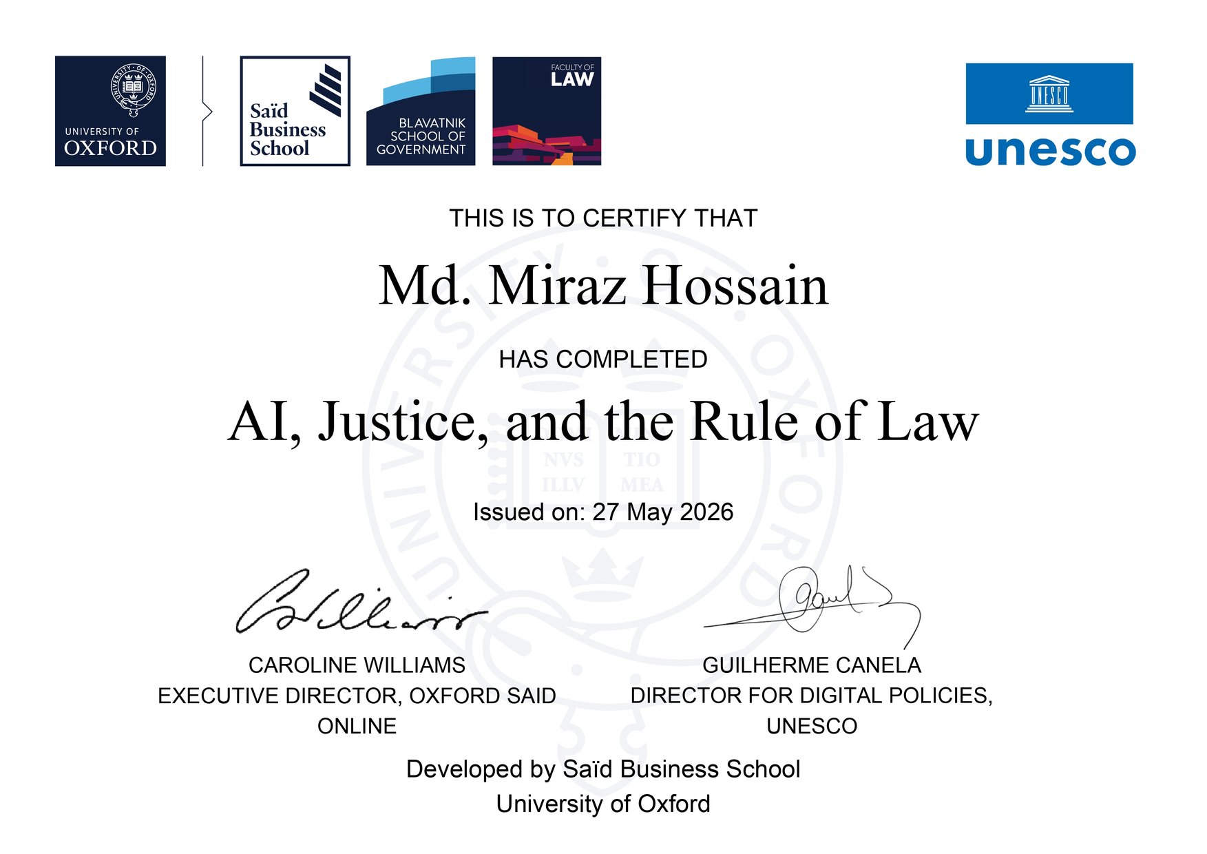 Certificate: AI, Justice, and the Rule of Law — Oxford Saïd Business School + UNESCO