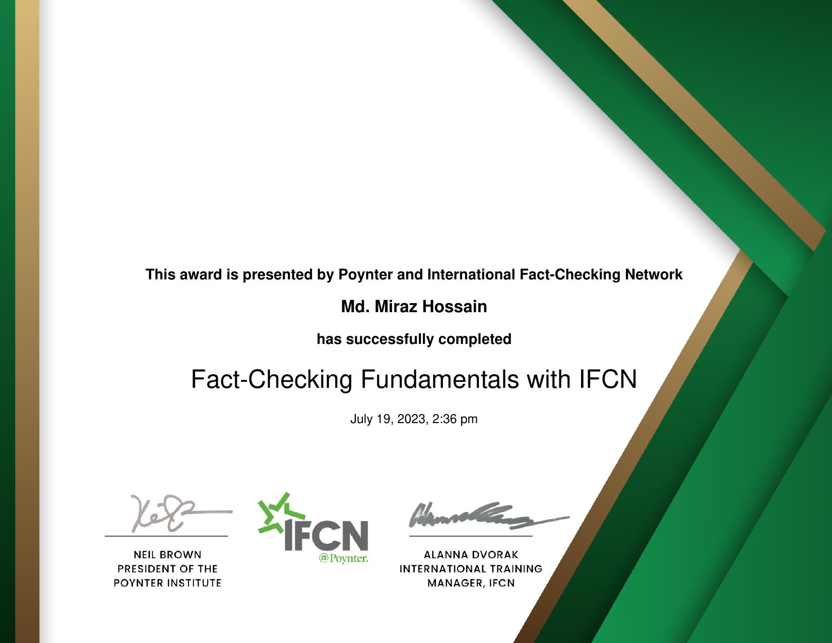 Certificate: Fact-Checking Fundamentals — Poynter / IFCN