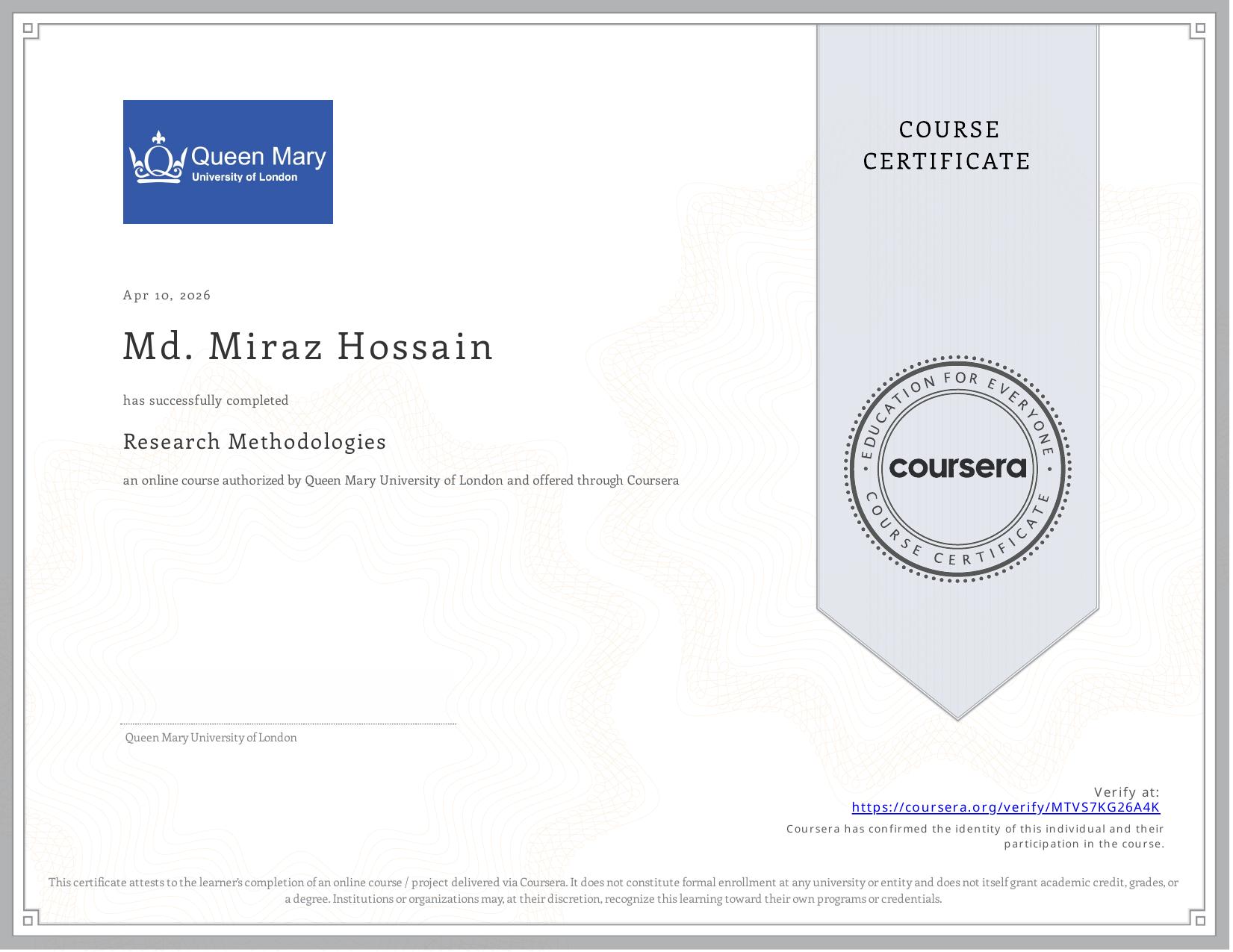 Certificate: Research Methodologies — Queen Mary University of London