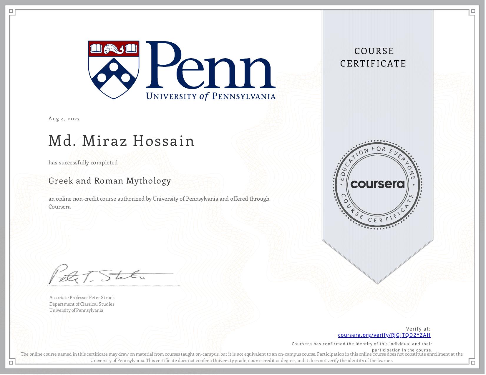 Certificate: Greek and Roman Mythology — University of Pennsylvania