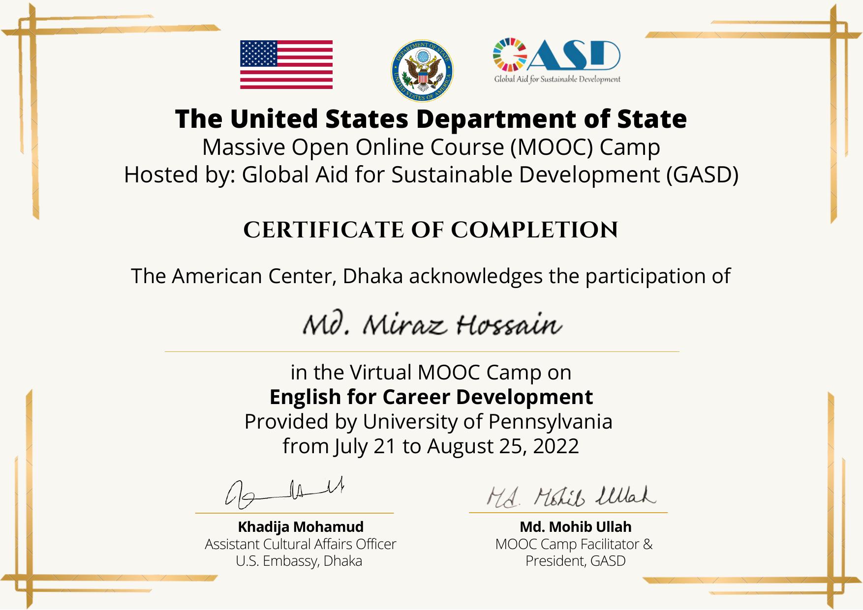 Certificate: English for Career Development — University of Pennsylvania + U.S. Embassy Dhaka