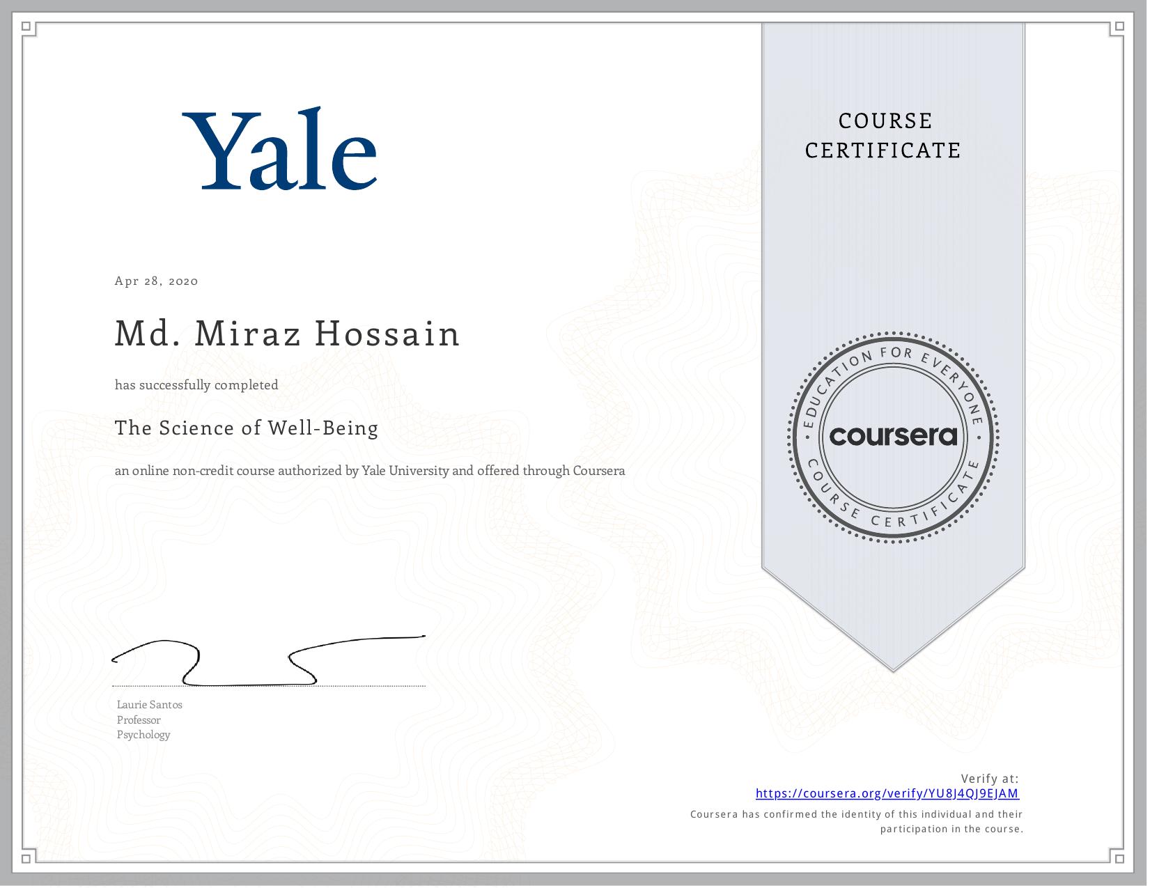 Certificate: The Science of Well-Being — Yale University