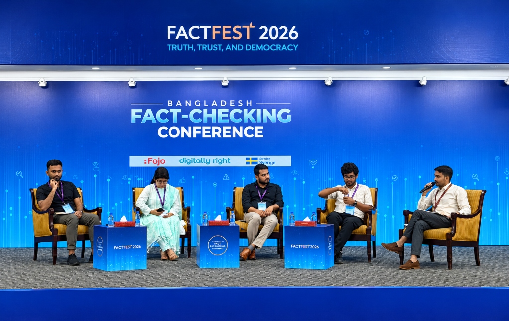 Miraz moderating a panel of fact-checkers at FactFest 2026