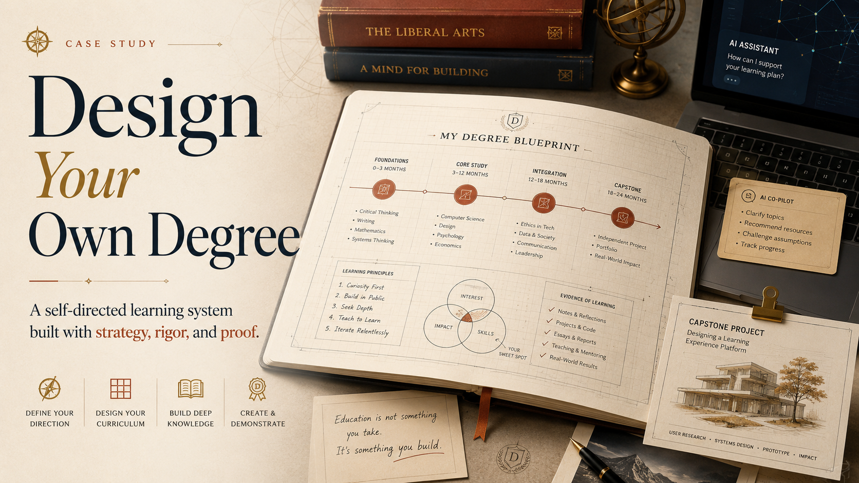 Desk scene with a blueprint notebook for the Design Your Own Degree learning system