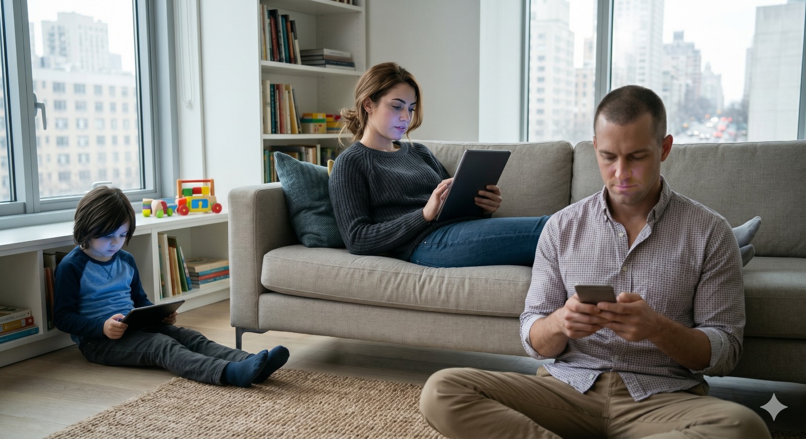 A family in a modern apartment, each person using a device