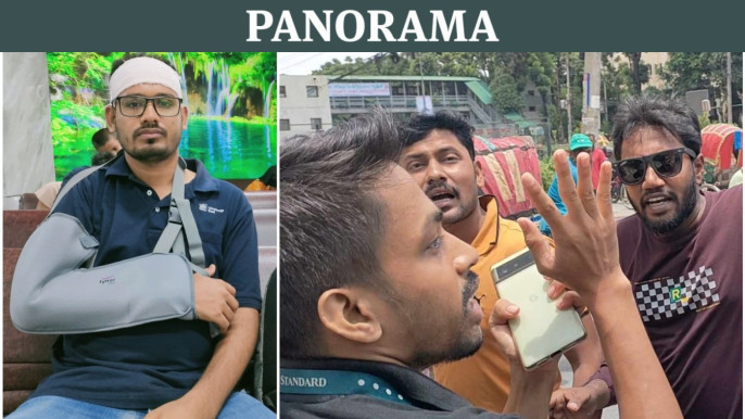 TBS Panorama composite: Miraz with bandaged head and arm in a sling after being attacked while reporting