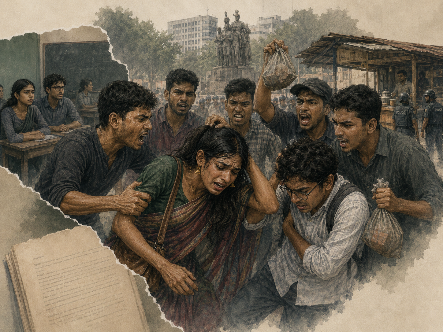 Illustration of students facing mob harassment near a university area in Dhaka