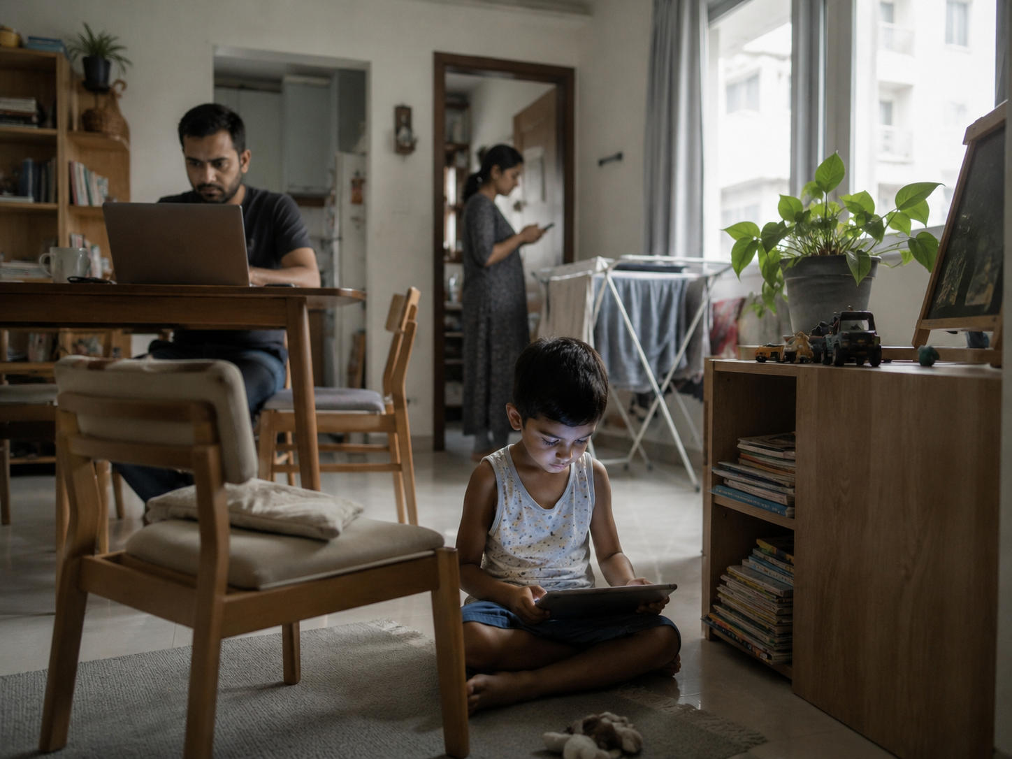 A domestic daytime scene where a child uses a tablet while adults are occupied in the background.