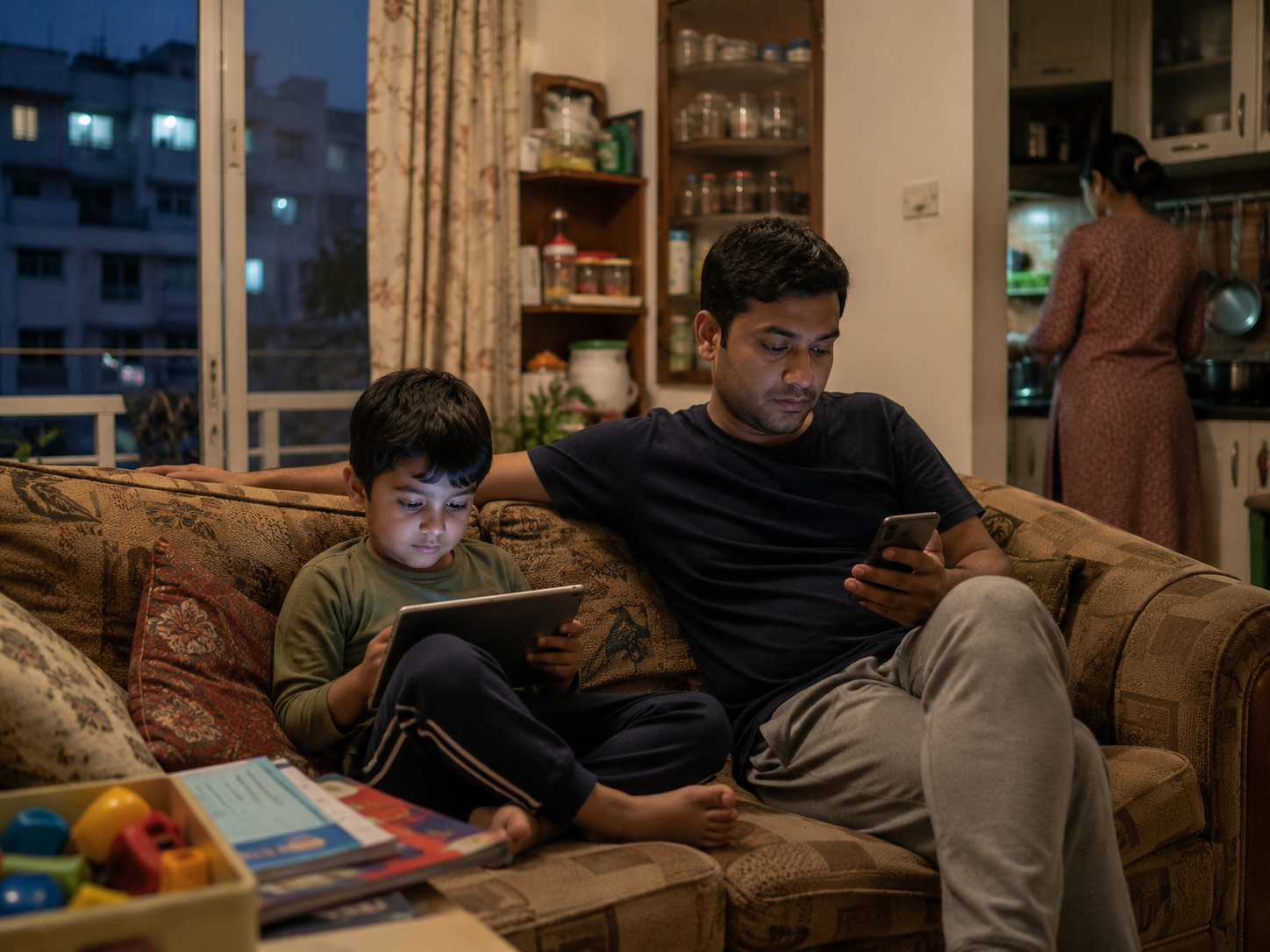 An evening family scene where a child and father are absorbed by screens while the mother works in the kitchen.